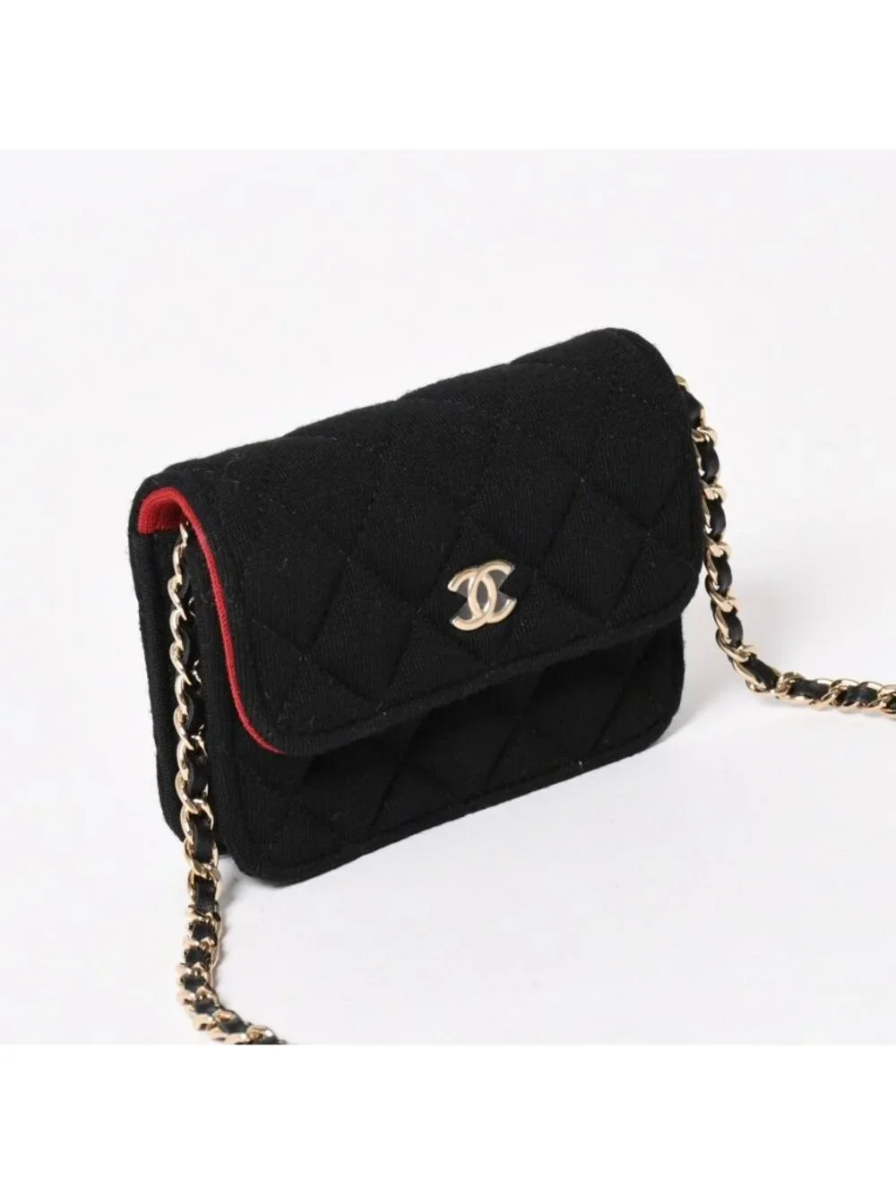Chanel Mini Quilted Chain Shoulder Bag CC Logo Stand Black Gold Cotton